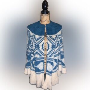 Cobble Lane Soft Cozy Fair Isle  Pattern Ruffle Knit Cardigan Cape Sweater L
